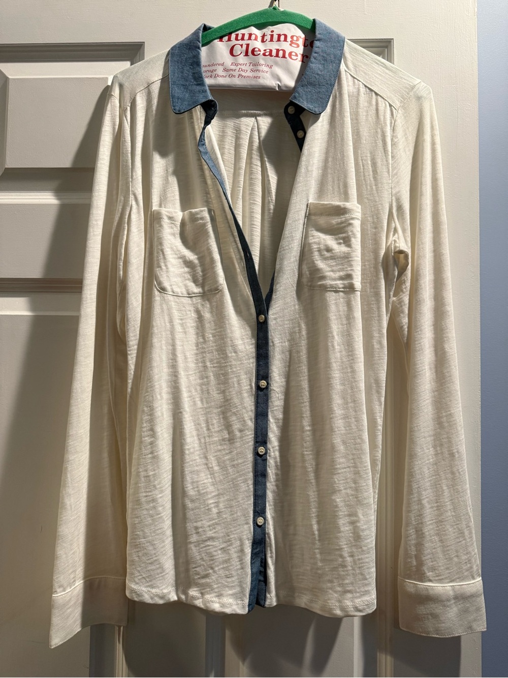 LOFT Cream Button-Down Shirt with Blue Trim